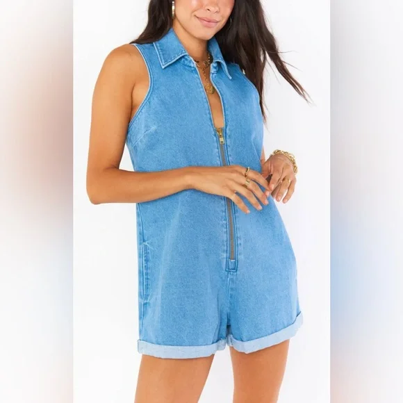 Show Me Your Mumu Women's Medium Wash Reno Sleeveless Denim Romper Size XL NWT - Picture 3 of 14